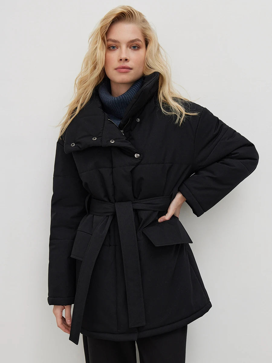 Women's Quilted Loose Parkas Coat Vintage Belted Puffer Jacket