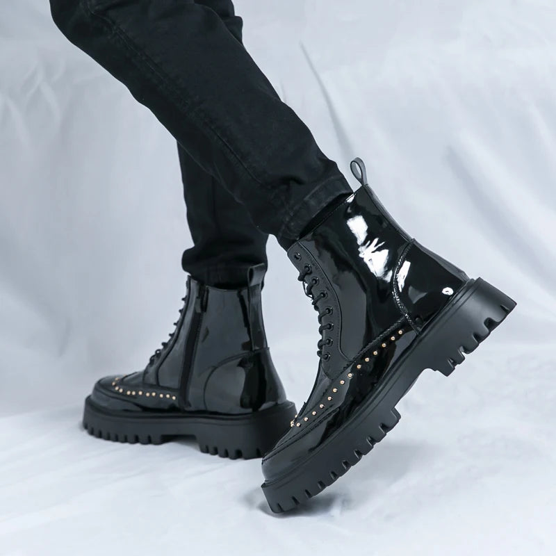 Platform Leather Boots - Men's Motorcycle Style Thick Sole Dress Sneakers