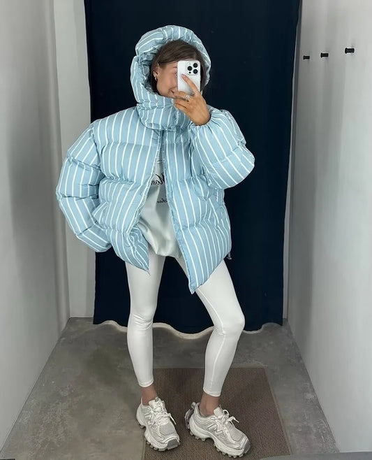 Striped Hooded Bread Jacket - Front Zipper Long Sleeve Warm Coat