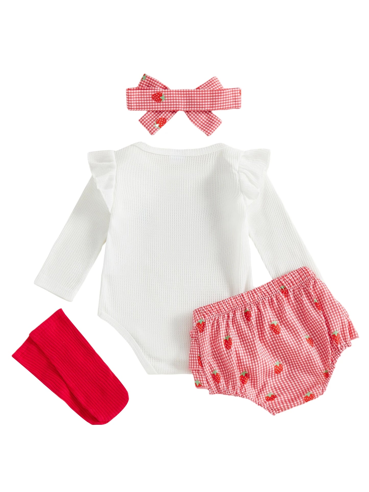 Baby Girls Strawberry Outfit Set - 4-Piece Long Sleeve Romper, Plaid Shorts, Headband & Socks (0-18M)