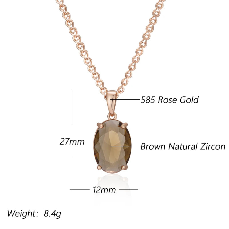 Women's Oval Brown Crystal Pendant Necklace 585 Rose Gold Colour With Natural Zircon
