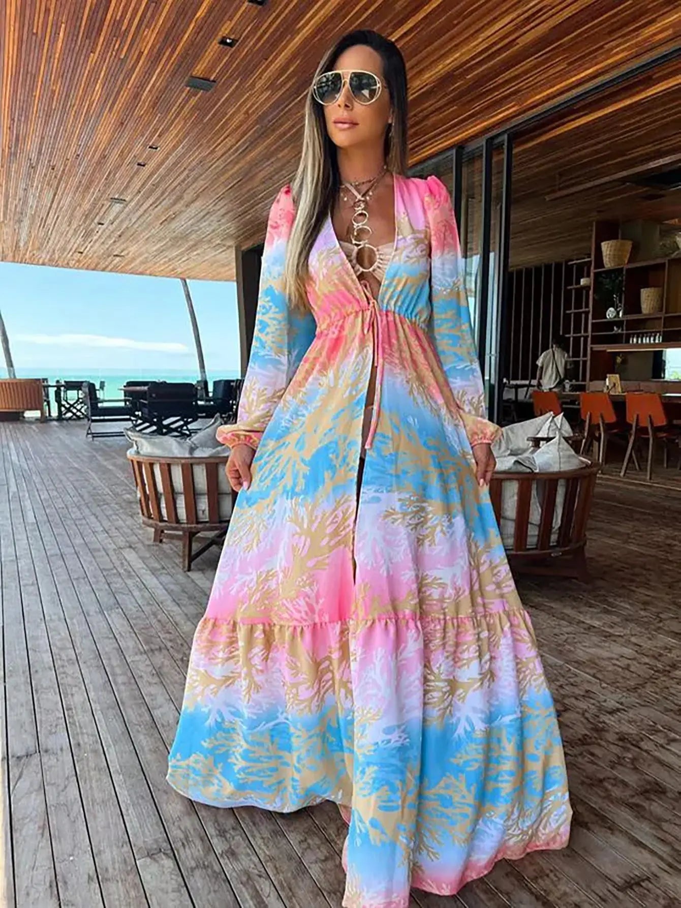 Women's Cover-ups Tunic Casual Print V-Neck Beach Outfits Long Kaftan Beach Dress