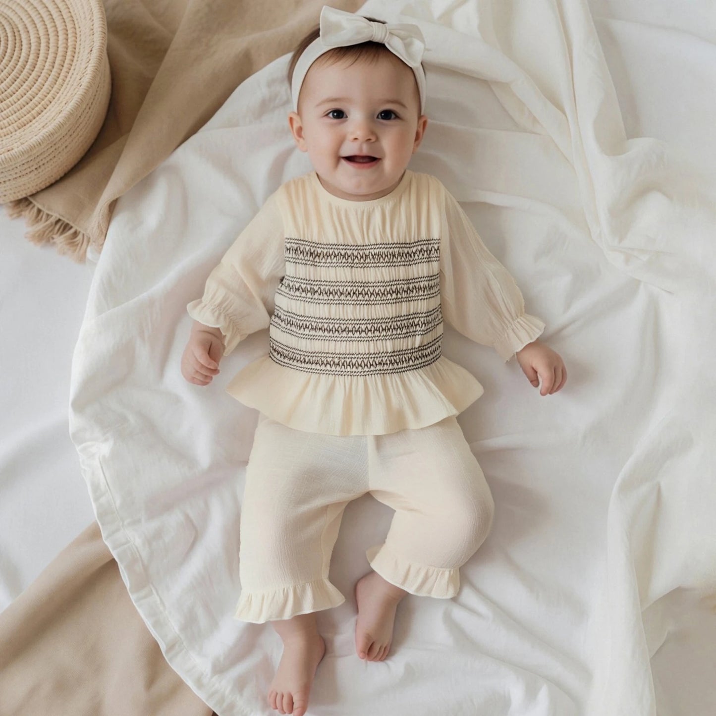 Toddler Baby Girl Fall Outfit - Smocked Long Sleeve Top & Elastic Waist Ruffle Pants Set