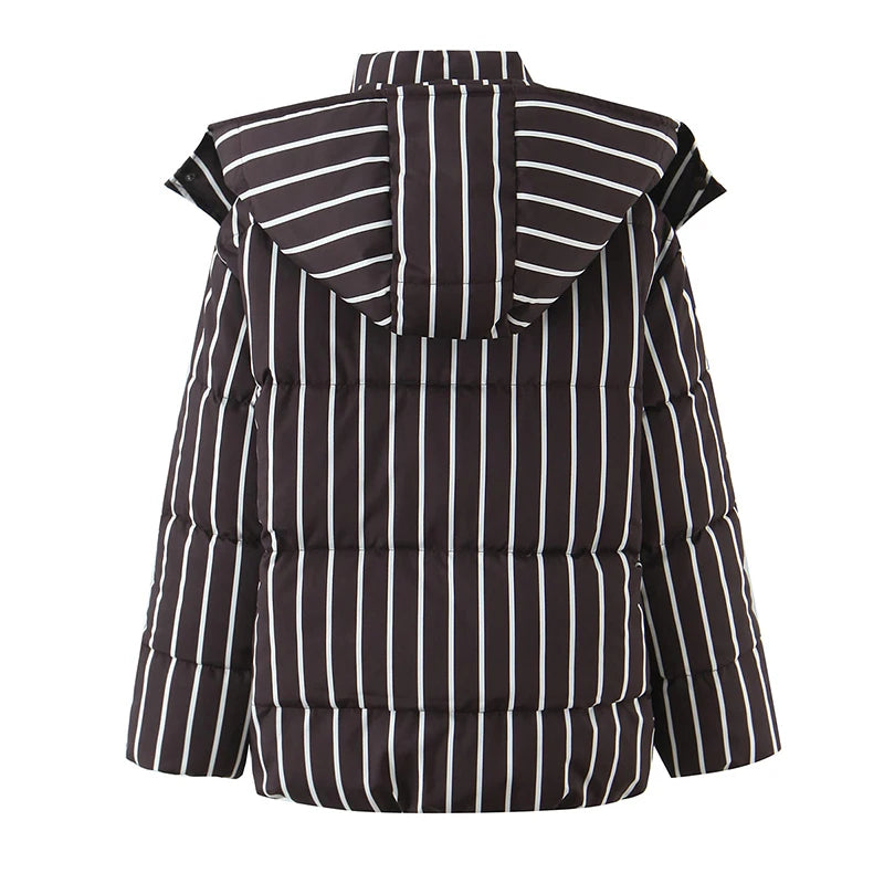 Striped Hooded Bread Jacket - Front Zipper Long Sleeve Warm Coat