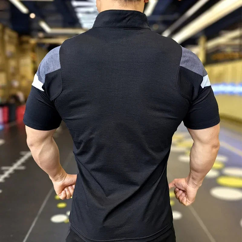 Men's Fitness Running Half Zip Training High Elasticity Muscle T-Shirt