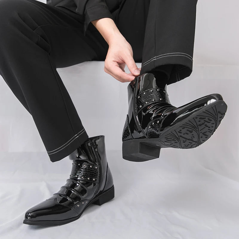 Men's Pointed Toe Motorcycle Boots - Patent Leather Metal Rivet Party Shoes