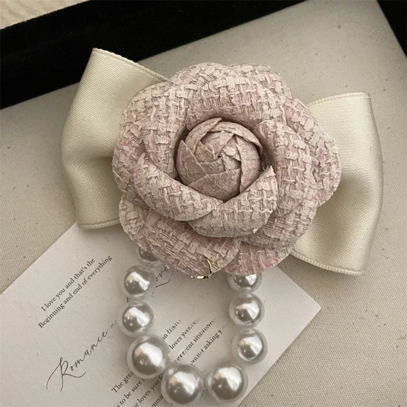 Retro Fabric Camellia Flower Brooch - Bow Crystal Pearl Tassel Lapel Pin