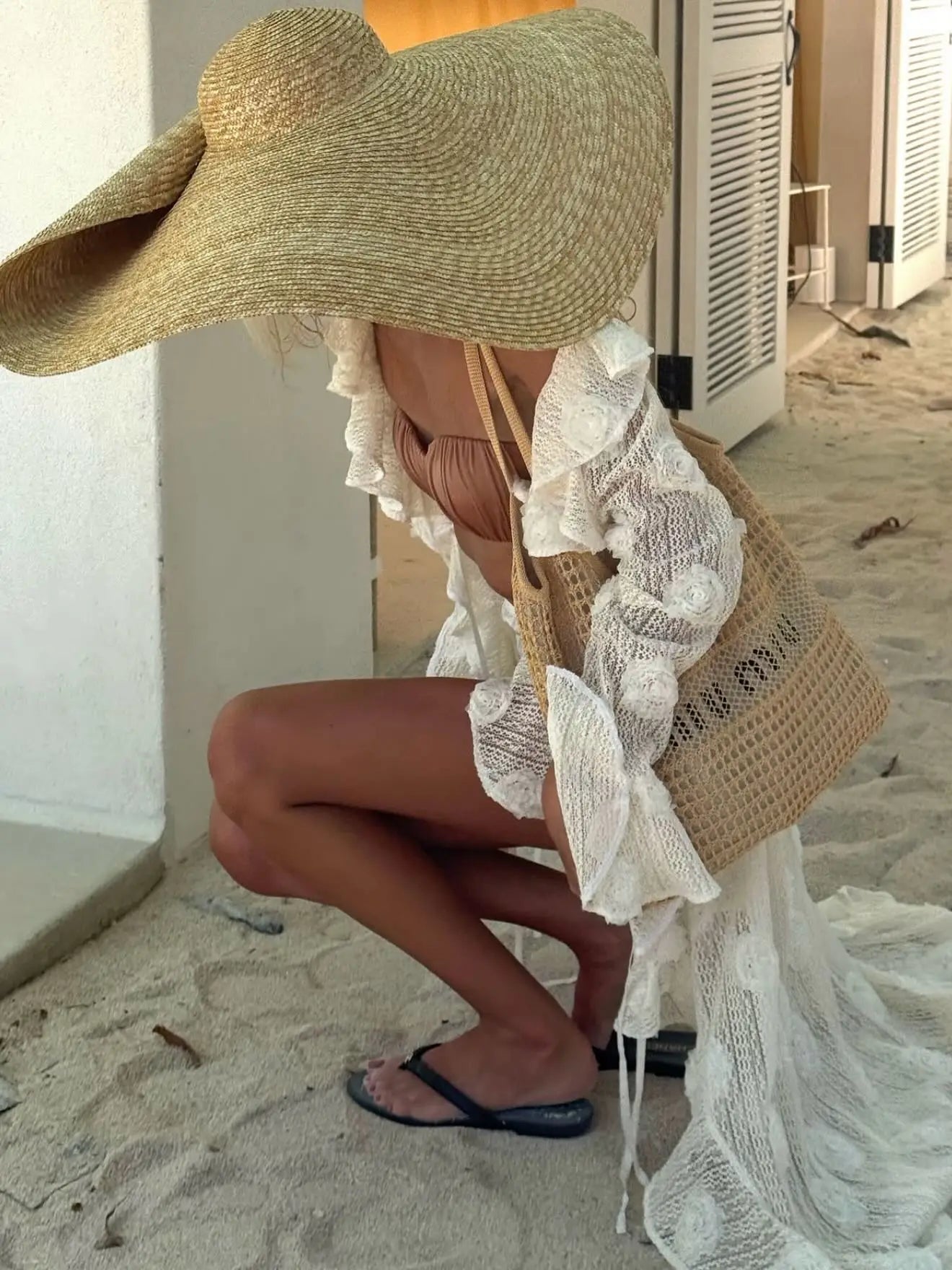 Women's 3D Flower Cover Up Dress - Flying Sleeve Beach Long Dress