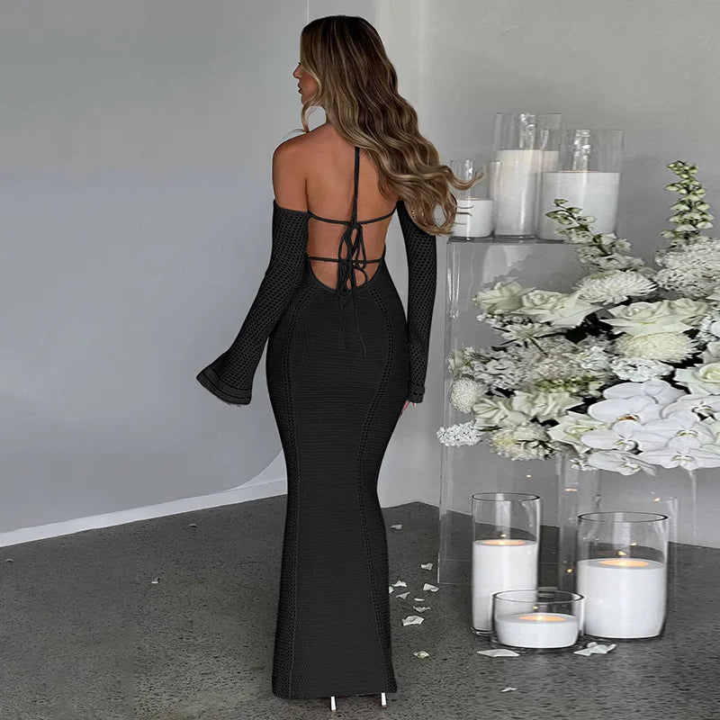 Women's Off Shoulder Halter Knit Dress - Long Sleeve Elegant Backless Tie Front Maxi Dress