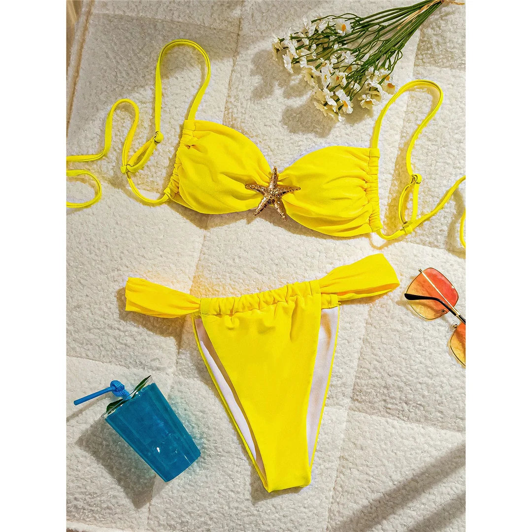 Women's Metal Star High Cut Leg Bikini  Swimsuit Swimwear Two-pieces Bikini Set