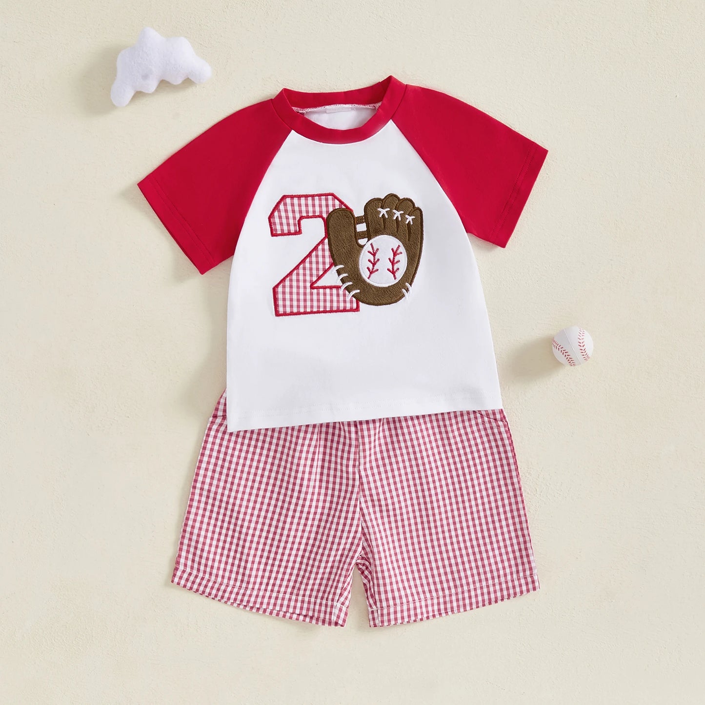 Summer Baby Boys Birthday Baseball Outfit Set - Letter Embroidery T-Shirt & Plaid Shorts (0-3Y)