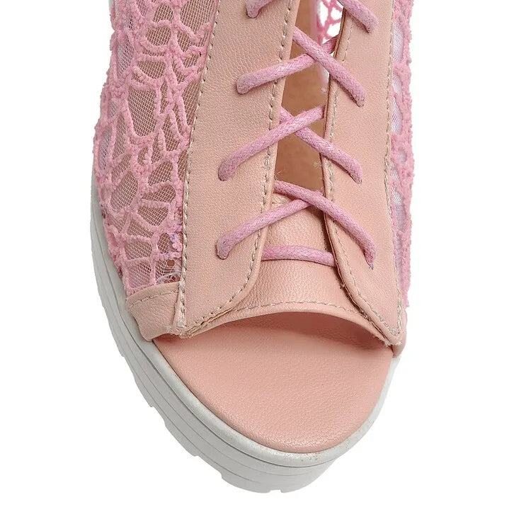 Women's Open Toe Summer Short Back Zipper Leather Mesh Hollow Cool Boots