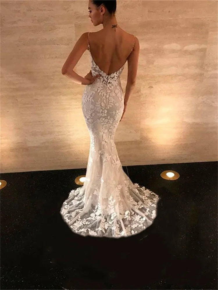 Women's Elegant Cocktail Spaghetti Straps Tulle Prom Gowns Decal Open Back Bridesmaid Maxi Robe Wedding Dress