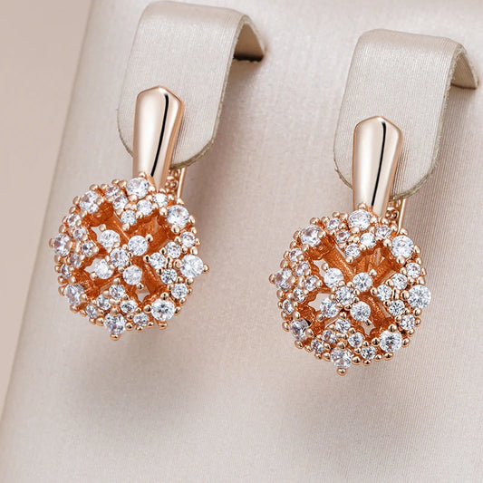 Women's 585 Rose Gold Colour With Shiny Natural Zircon Crystal Flower Drop Earrings