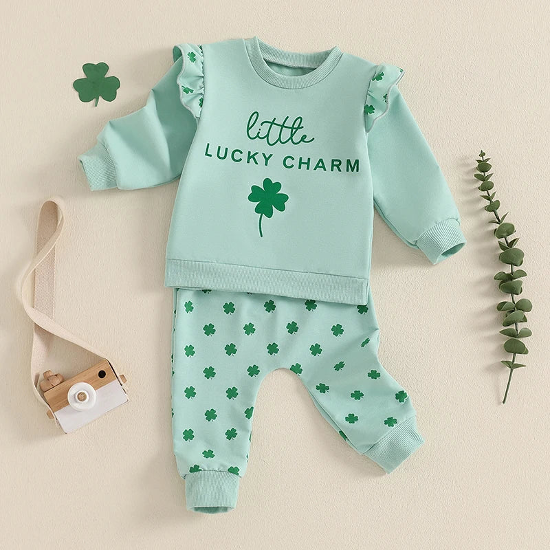 0-3Y Baby Girls Fall Clothes Set Letters Four Leaf Clover Print Long Sleeve Crew Neck Sweatshirt with Pants