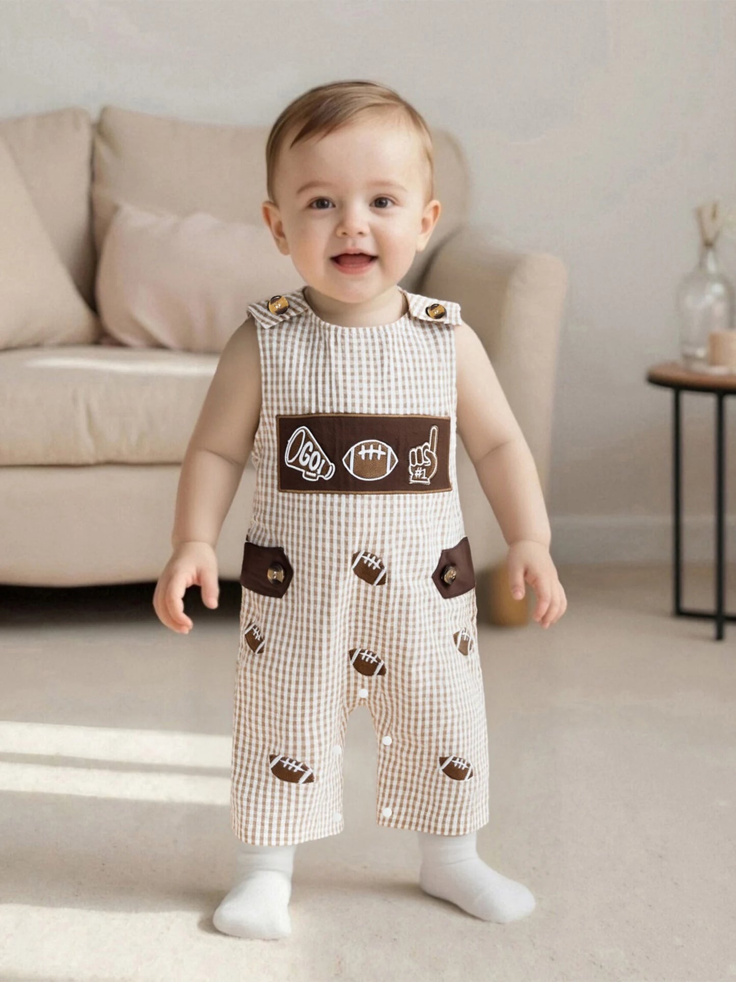 Baby Plaid Romper Overalls - Sleeveless Football Embroidery Jumpsuit (0-18M)