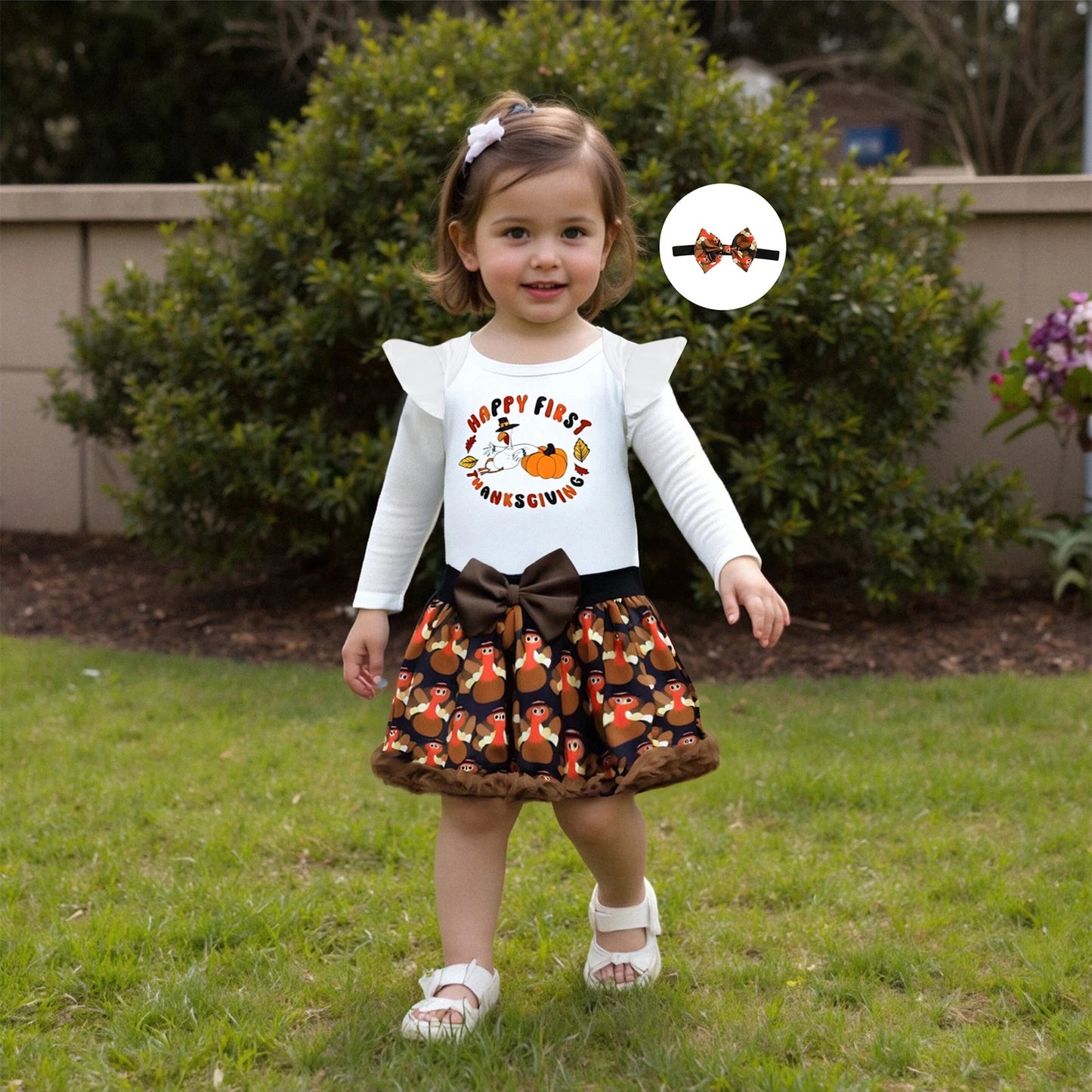 Baby Girls Thanksgiving Outfit Set - 3-Piece Long Sleeve Romper, Mini Skirt & Headband