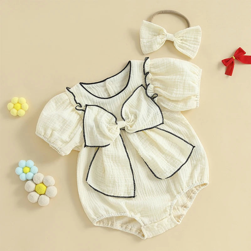 Baby Girls Bow Bubble Romper with Headband - Short Sleeve Ruffled Jumpsuit
