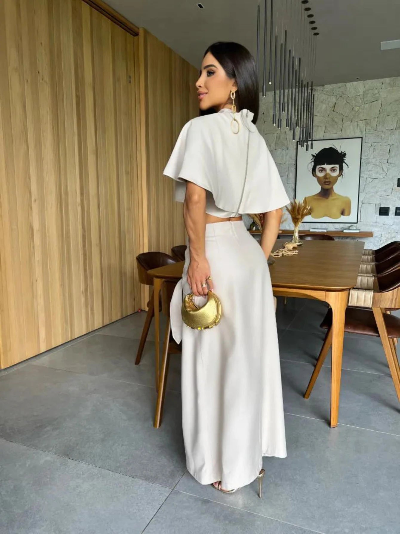 Women Two-piece Short Sleeve  Waist Chic Slit Skirt