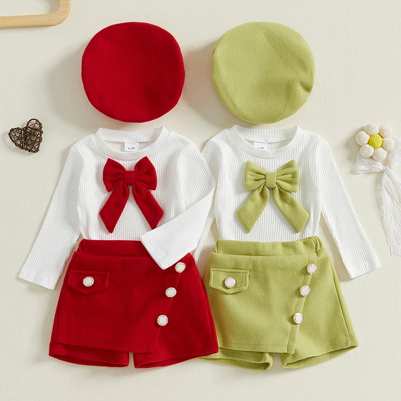 0-3Y Baby Girls Long Sleeve Crew Neck Bowknot Ribbed T-shirt with Shorts and Beanies Hats