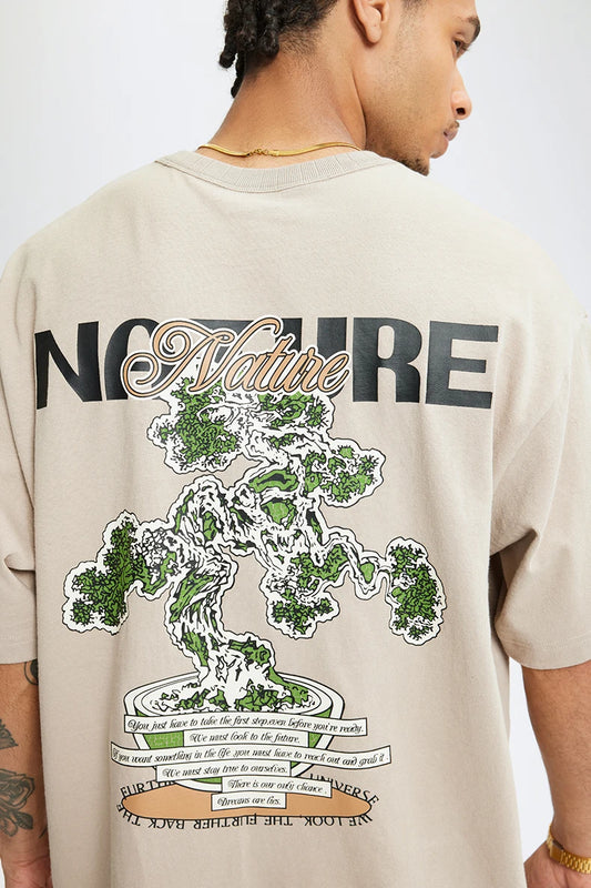 Men's 250G Green Plant Crack Print Retro Street Style Heavyweight Casual Short Sleeve T-Shirt
