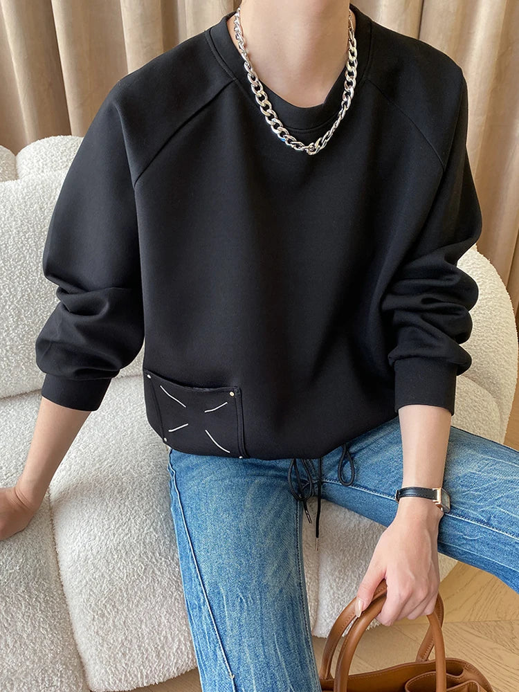 Women Solid Round Neck Long Sleeve Casual Loose Embroidered Design Pullover Sweatshirt