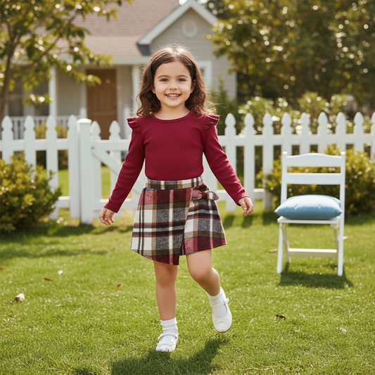 Toddler Girls Spring Outfit Set - Ruffle Ribbed Top & Plaid Skirt (1-5Y)