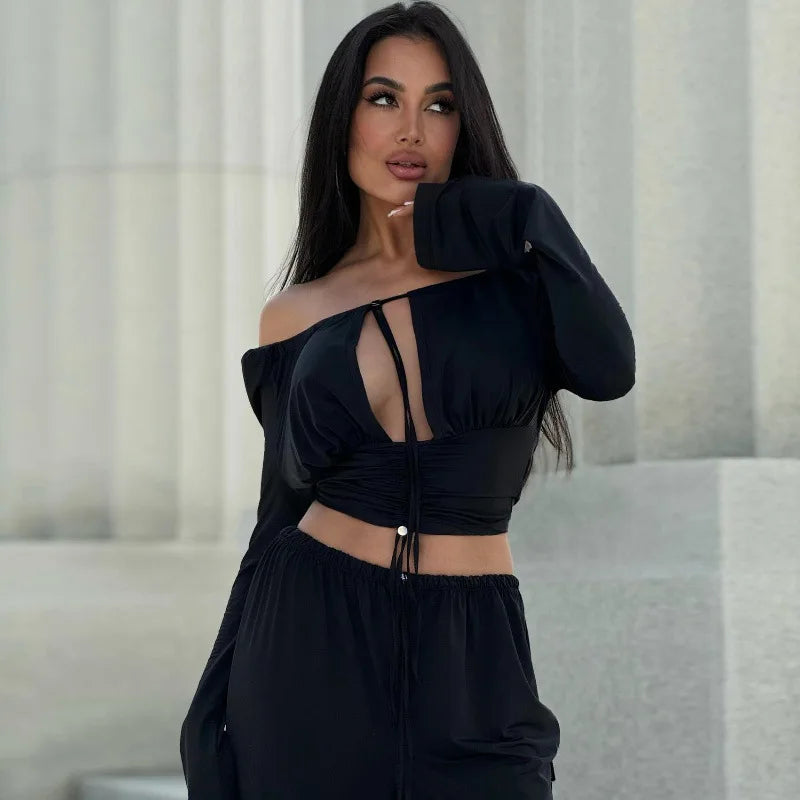 Women's Off Shoulder Tie Front Cropped Top with Cut Out Detail