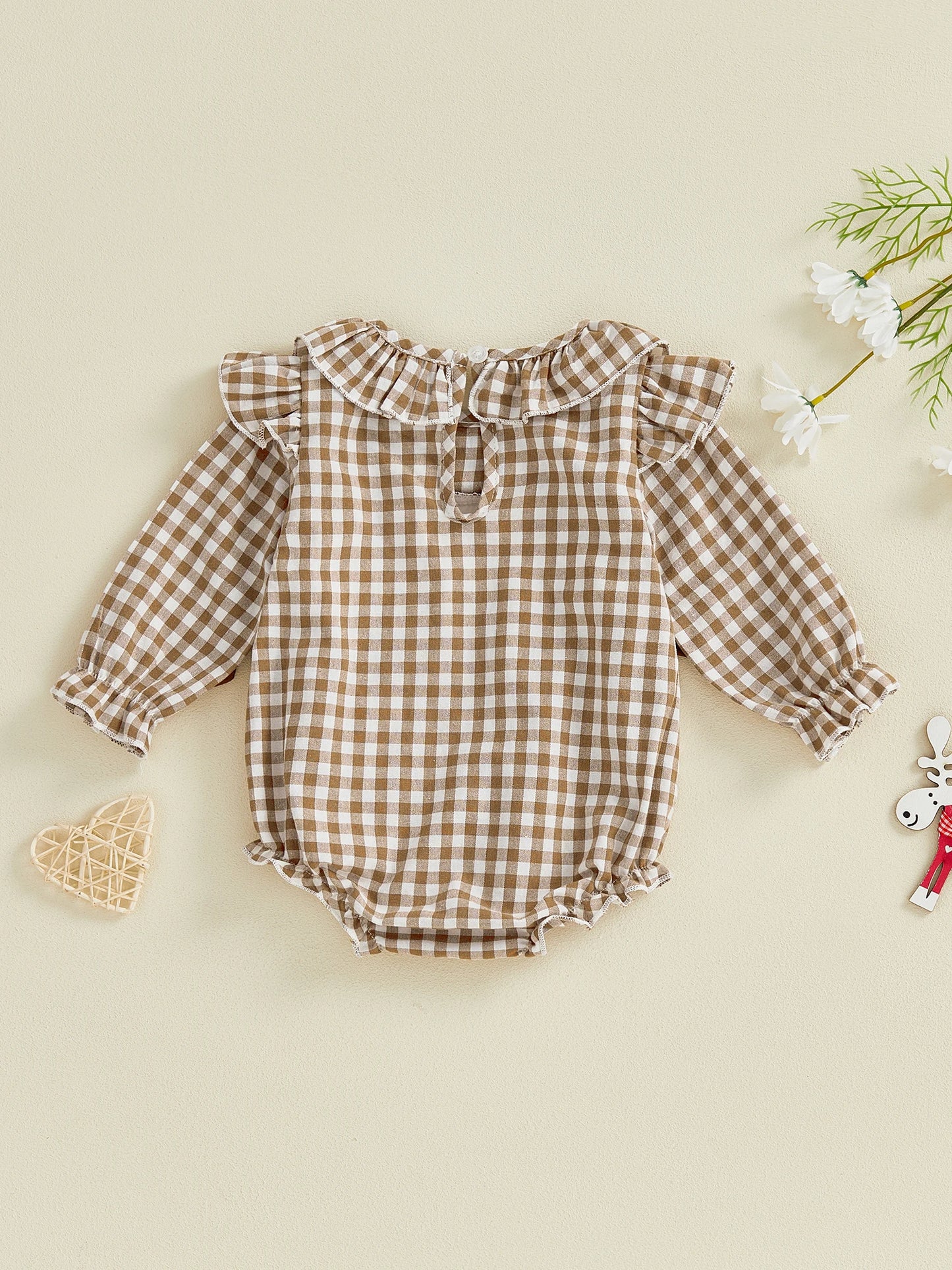Baby Girls Boys Autumn Winter Plaid Long Sleeve Ruffle Collar Animal Embroidery Romper