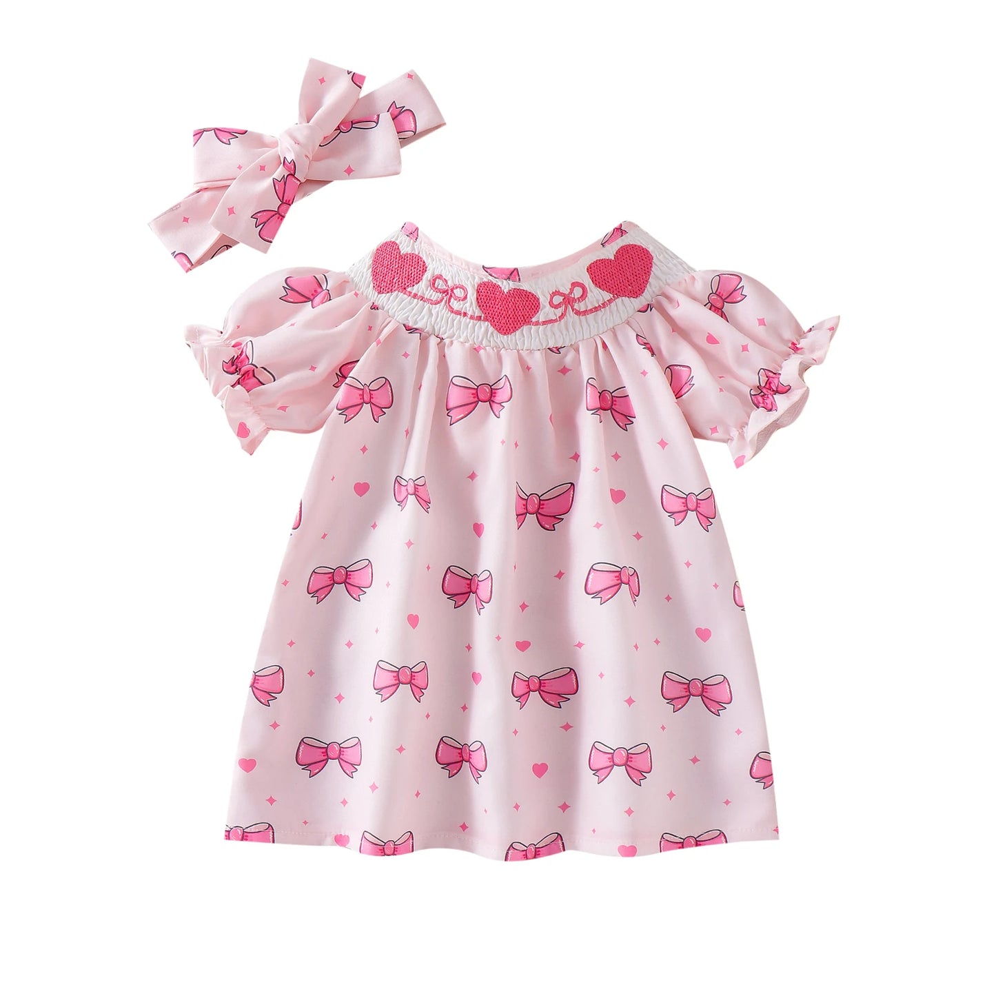 Baby Girls Summer Dress Set - Puff Sleeve Heart & Bow Embroidery with Headband