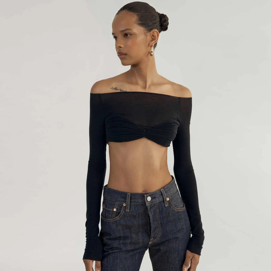 Women's Elegant Ruched Cropped Top - Long Sleeve Off Shoulder Backless Sheer Knit Short Top