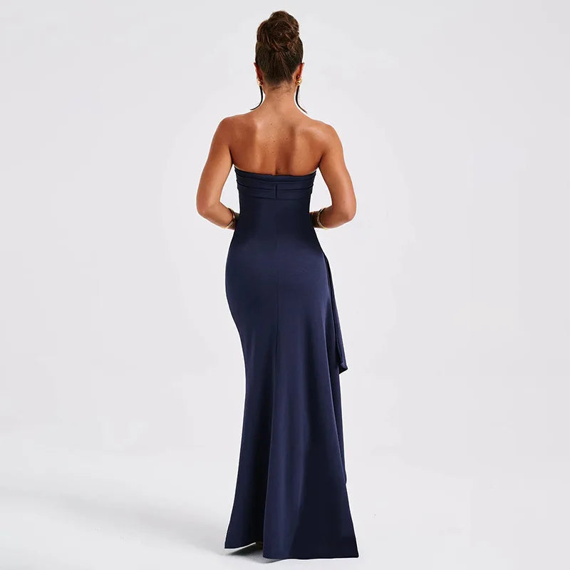 Off Shoulder Elegant High Rise Split Maxi Dress - Women Strapless Evening Dress Ruched Gown