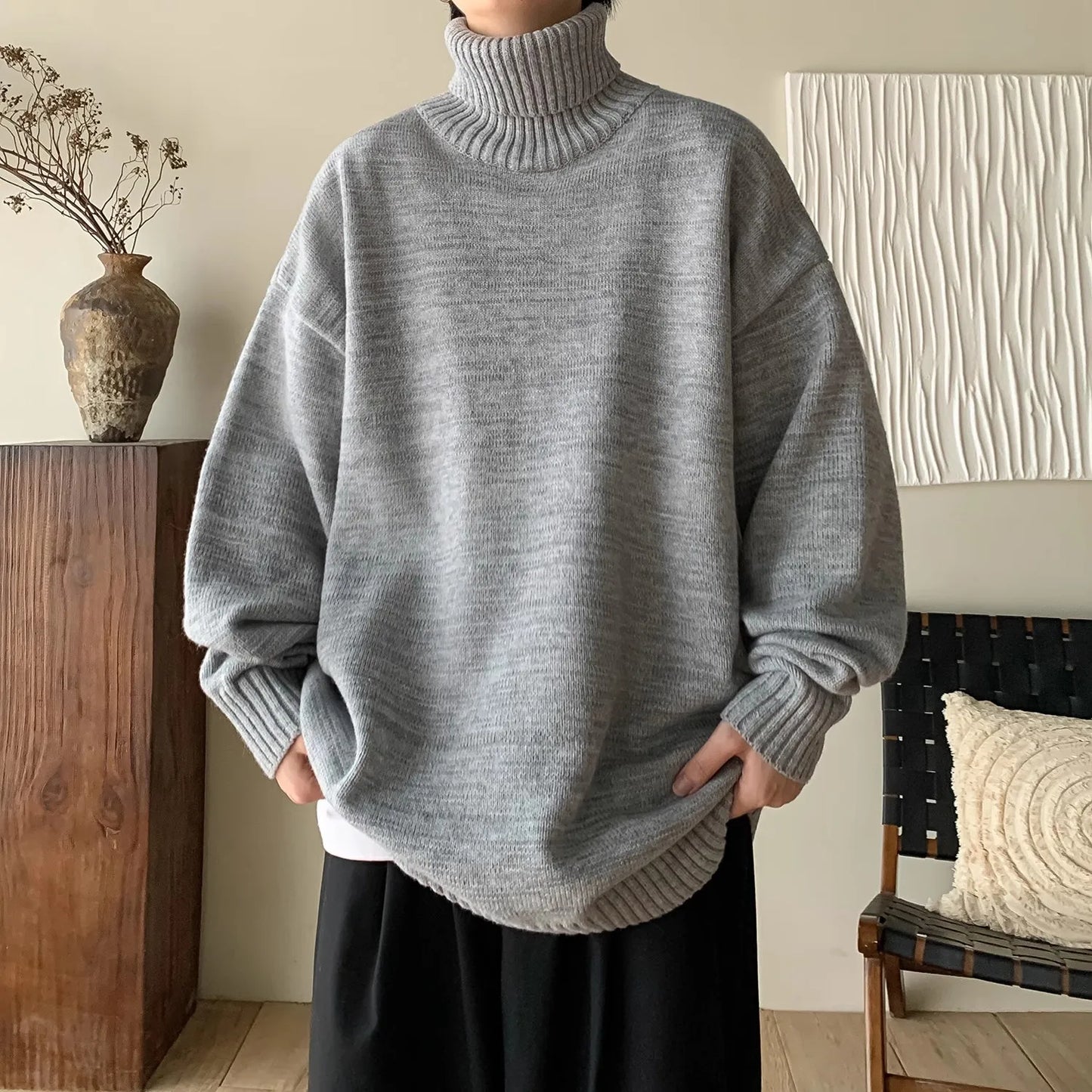 Men's Loose Turtleneck Knit Pullover Warm Knitted Sweater