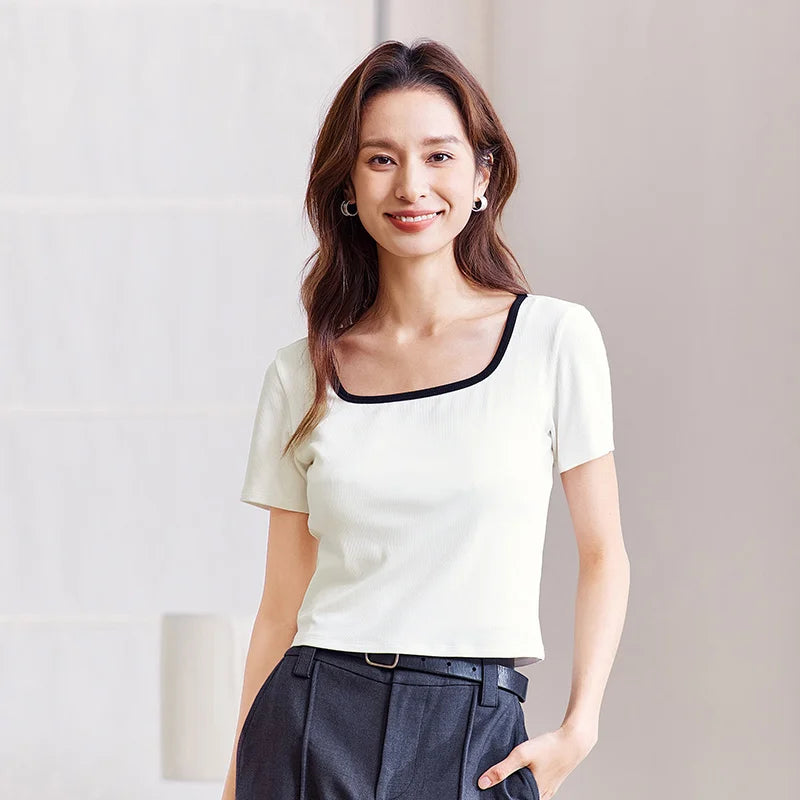 Women's Square Neck Short-Sleeved Slim Fit Top - Versatile Layering Piece