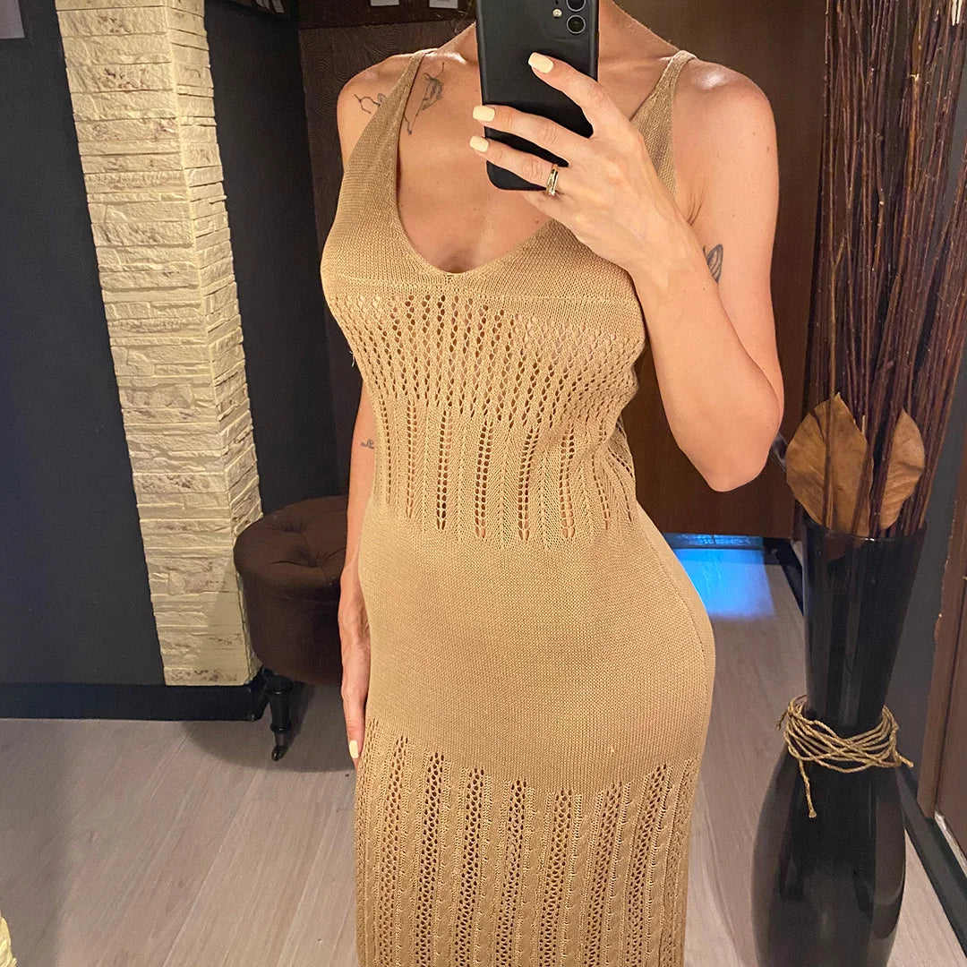 Women's V-Neck Hollow-Out Crochet Knit Beach Cover-Up Tunic Dress