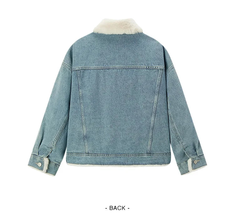 Denim Jacket Women Patchwork Imitation Rabbit Fur Lapel Loose Winter Quilted Jacket
