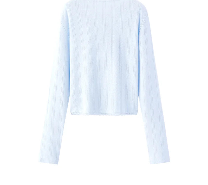 Women's Cropped Slim Fit Cardigan - Cotton Jacquard Embroidered Lace Trim