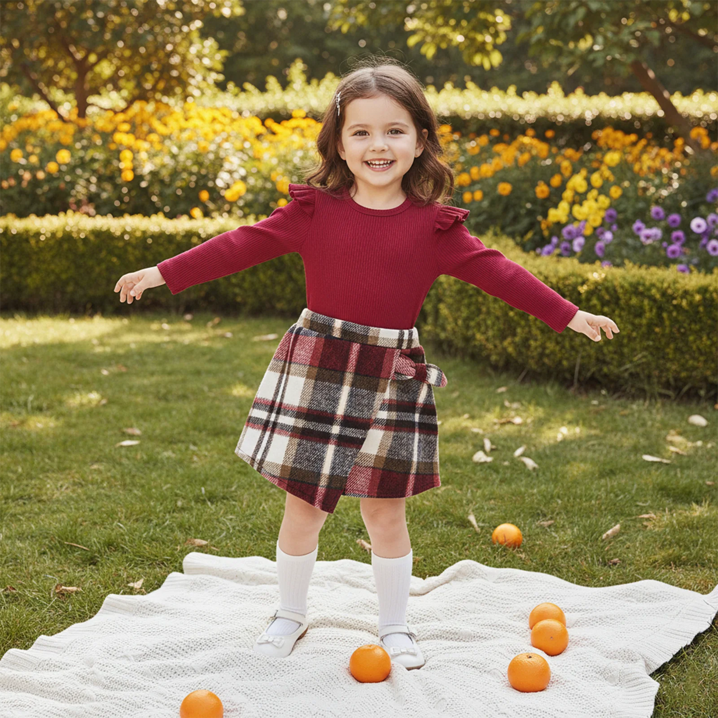 Toddler Girls Spring Outfit Set - Ruffle Ribbed Top & Plaid Skirt (1-5Y)