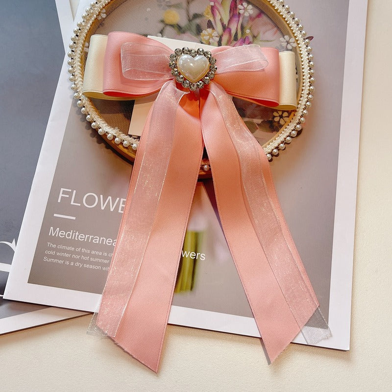 Crystal Pearl Heart Bow Brooch - Elegant Collar Pin Corsage