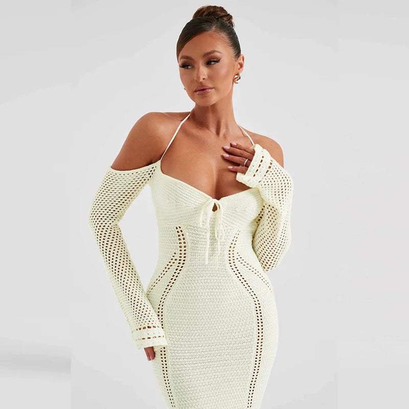 Women's Off Shoulder Halter Knit Dress - Long Sleeve Elegant Backless Tie Front Maxi Dress