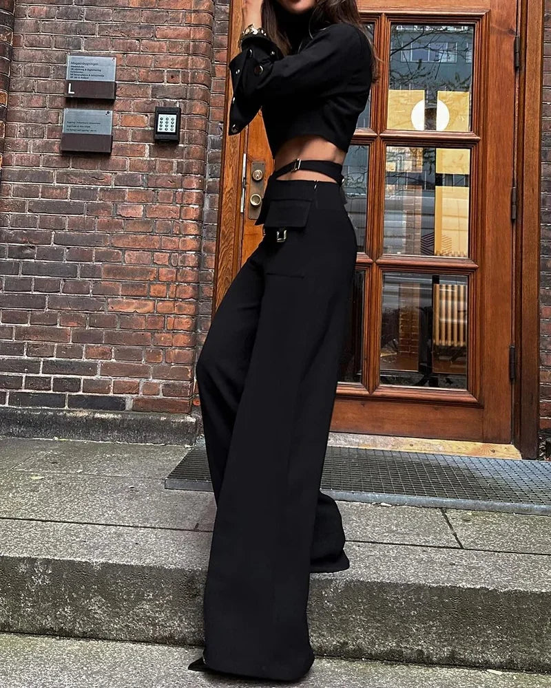 Women's Crossover Two Piece Set with High Collar Long sleeves  Wide Leg Pants Set