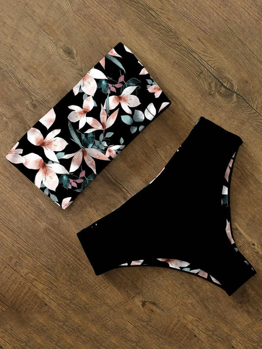 High Waist Bikini Set - Cross Back Bandeau Swimsuit with Print