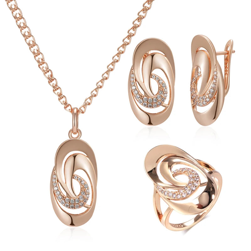 Women's Unusual Geometry Glossy 585 Rose Gold Color Natural Zircon Big Ring Earrings Necklace Set