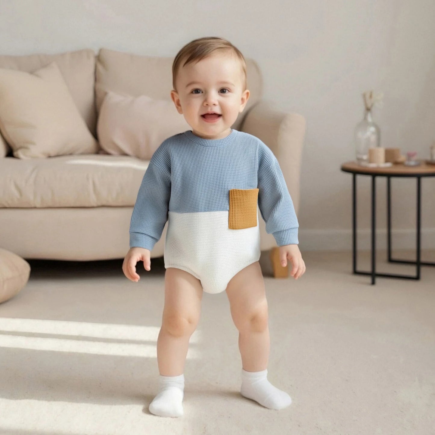 Baby Boys Bubble Romper - Contrast Color Long Sleeve Jumpsuit for Autumn Winter (0-18M)