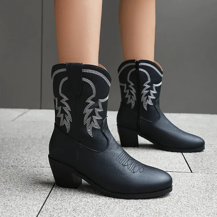 Totem Embroidered Ankle Boots - Pointed Toe Chelsea Boots with 6cm Wedge Heel
