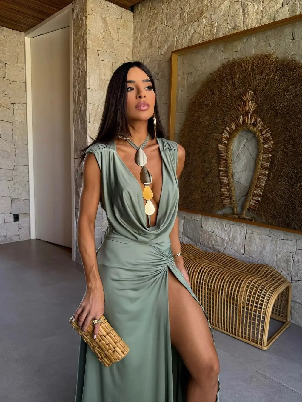 Women's Chiffon Metallic Cut-Out Dress - V-Neck Backless Halter with Ruched Detail
