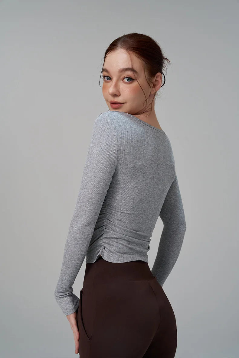 Ribbed Gym Top - Long Sleeve Drape Sides Yoga Shirt with Dry Fit