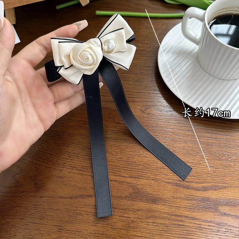 Rose Flower Brooch with Pearl & Ribbon Bow - Women's Fashion Pin