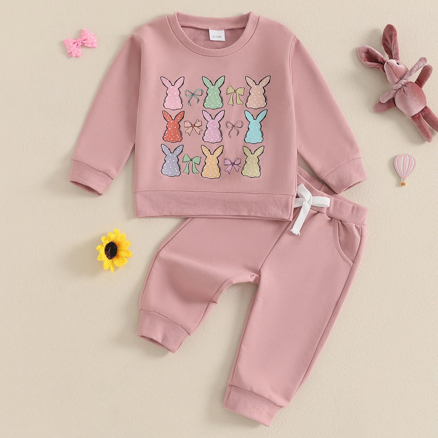 0-3Y  Baby Girls Easter Clothes Sets Rabbit Bow Print Long Sleeve Crew Neck Sweatshirt with Elastic Waist Pants