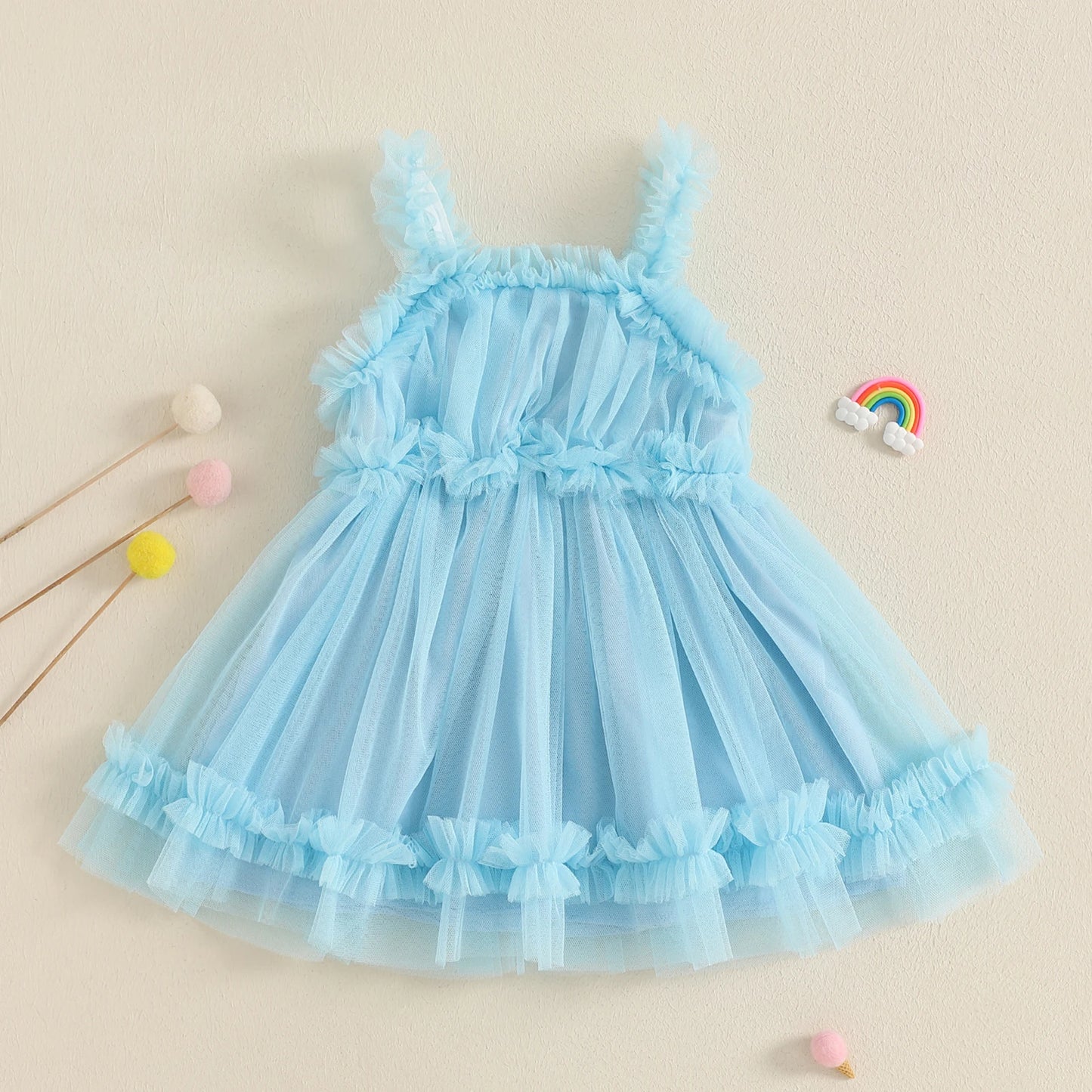 Girls' Summer Princess Dress - Sleeveless Mesh Ruffled Lace Tulle Sundress